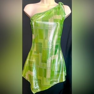Collante green metallic look slinky dress, unique design, tied 1 shoulder, Sz. M